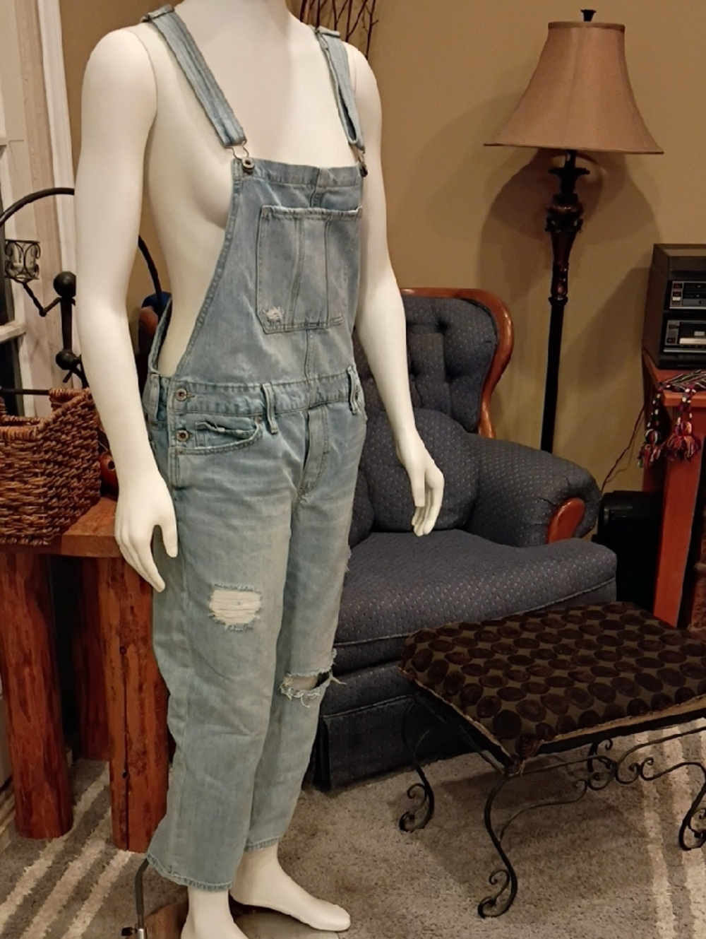 Lucky Brand Light Blue Distressed Men's Denim Overalls Size Large